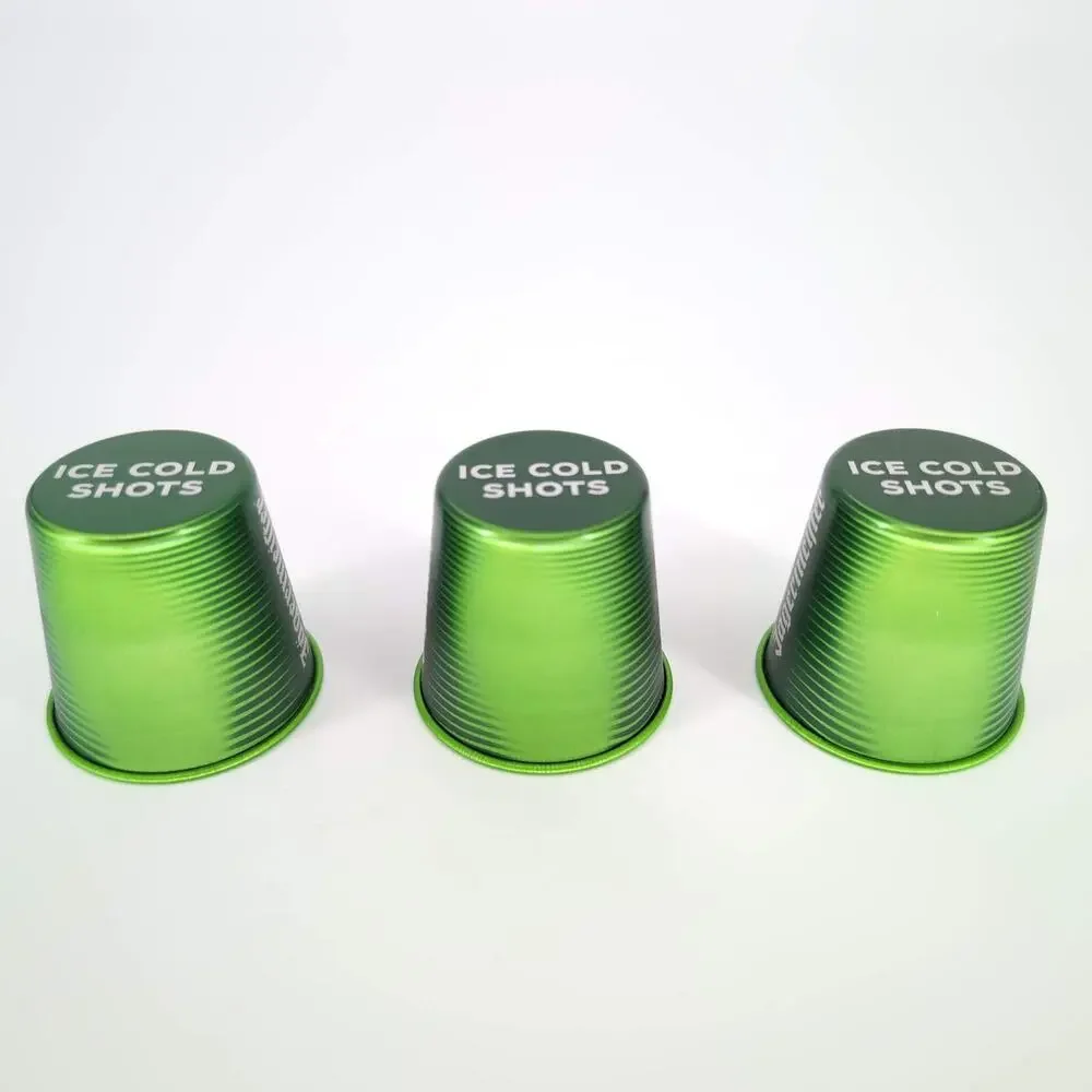 Three Green Jägermeister Color Changing Reusable Aluminum 1 oz Shot Glasses NWOT